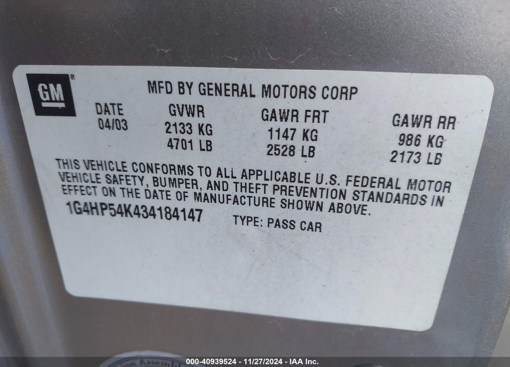 2003 BUICK LESABRE CUSTOM VIN: 1G4HP54K434184147