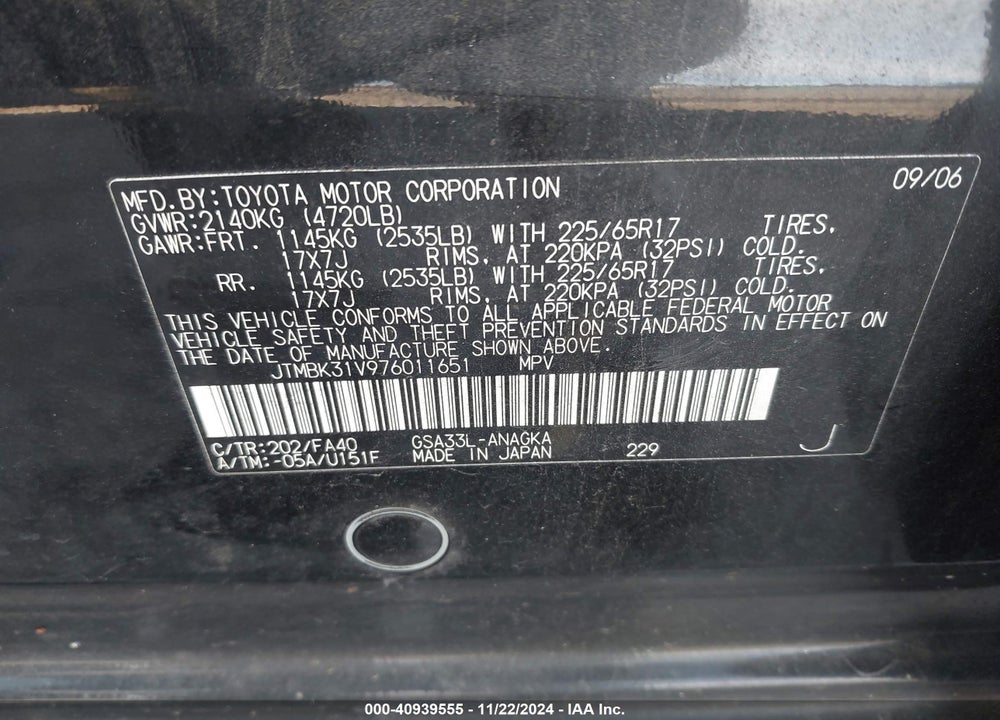 2007 TOYOTA RAV4 LIMITED V6 VIN: JTMBK31V976011651