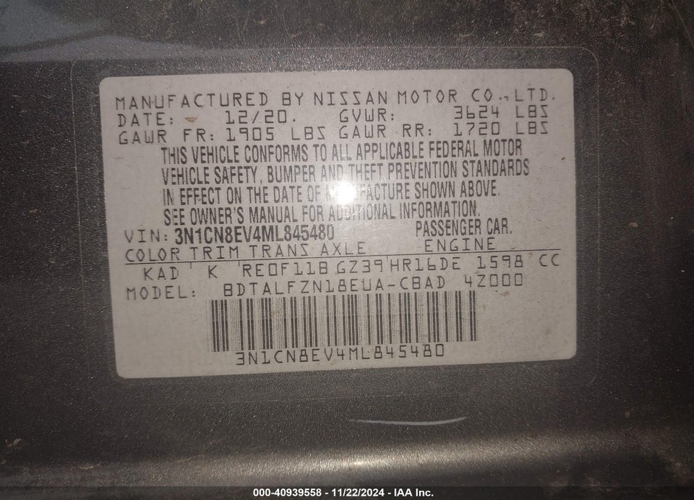 2021 NISSAN VERSA VIN: 3N1CN8EV4ML845480