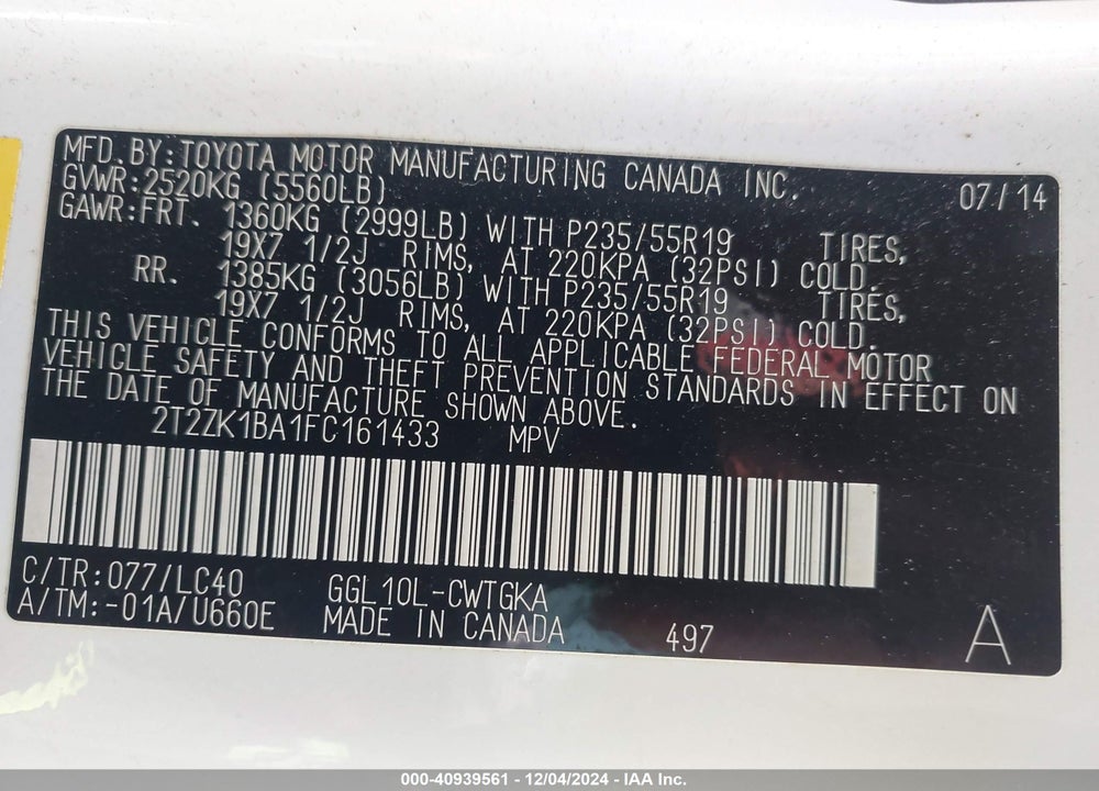 2015 LEXUS RX 350 VIN: 2T2ZK1BA1FC161433
