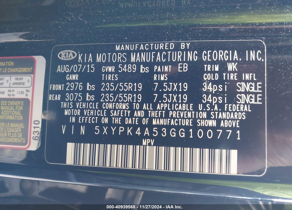 2016 KIA SORENTO 3.3L SX VIN: 5XYPK4A53GG100771
