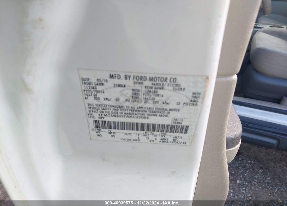 2010 FORD ESCAPE XLT VIN: 1FMCU9DG7AKC22064