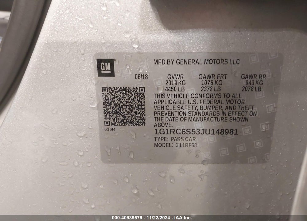 2018 CHEVROLET VOLT LT VIN: 1G1RC6S53JU148981