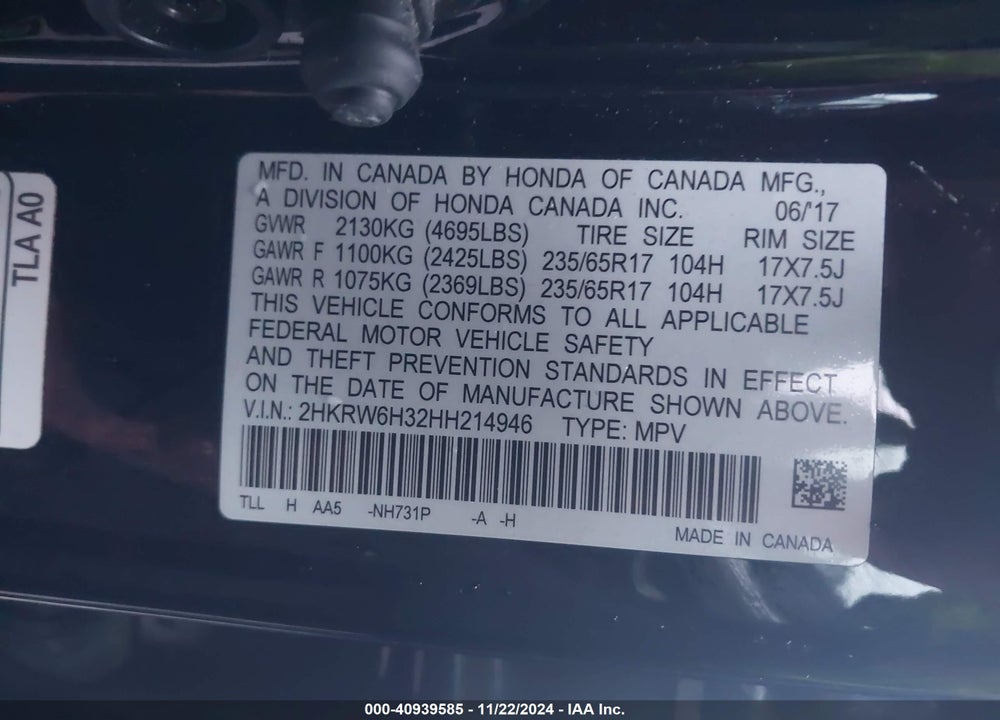 2017 HONDA CR-V LX VIN: 2HKRW6H32HH214946