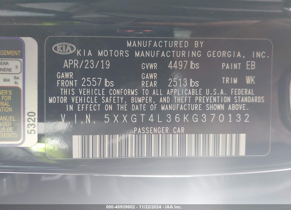 2019 KIA OPTIMA S VIN: 5XXGT4L36KG370132
