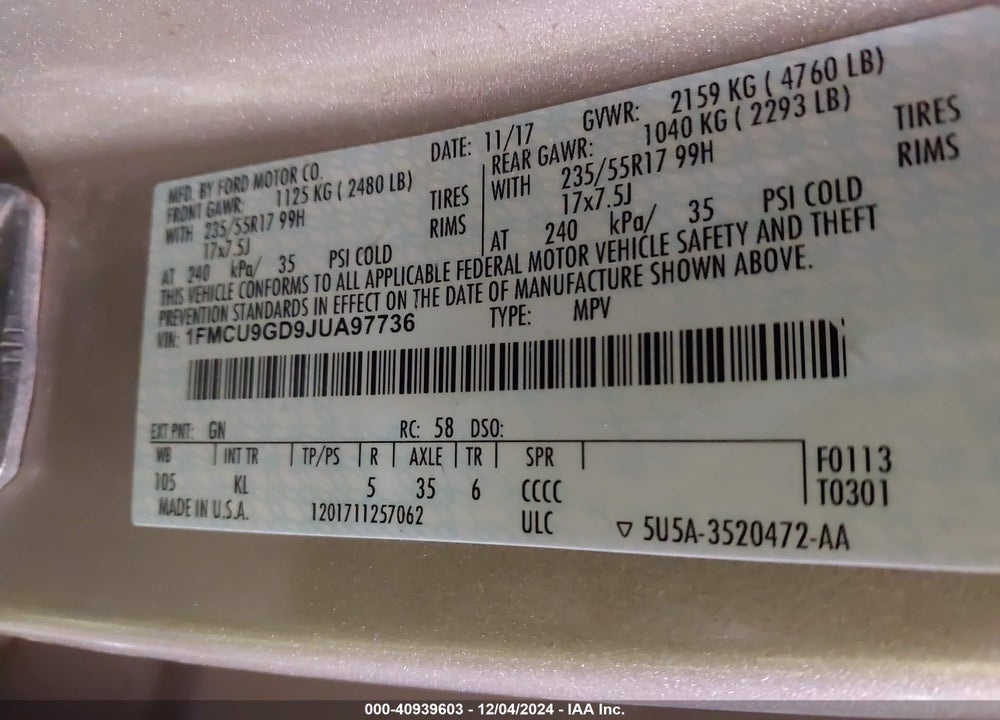 2018 FORD ESCAPE SE VIN: 1FMCU9GD9JUA97736