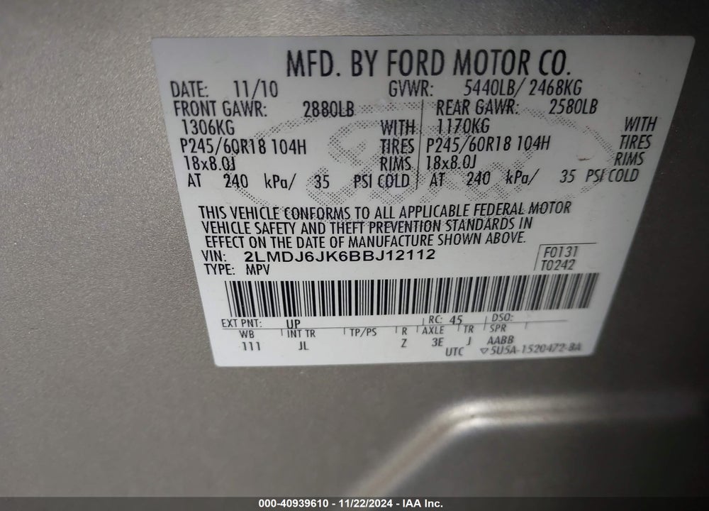 2011 LINCOLN MKX VIN: 2LMDJ6JK6BBJ12112