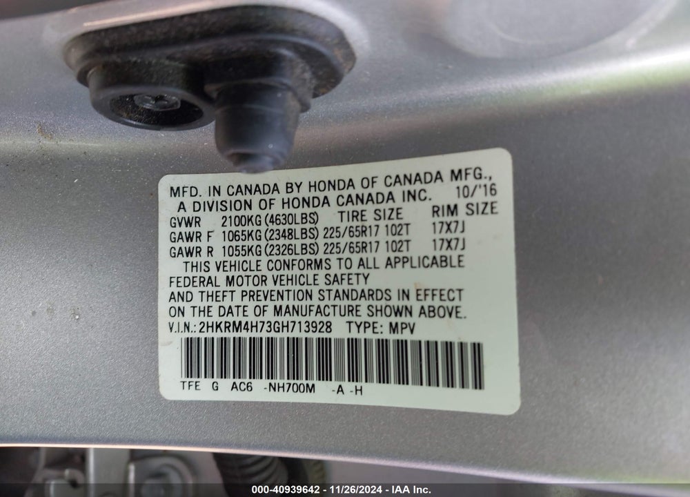 2016 HONDA CR-V EX-L VIN: 2HKRM4H73GH713928