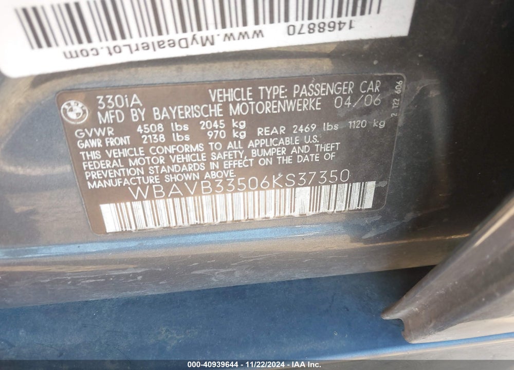 2006 BMW 330I VIN: WBAVB33506KS37350