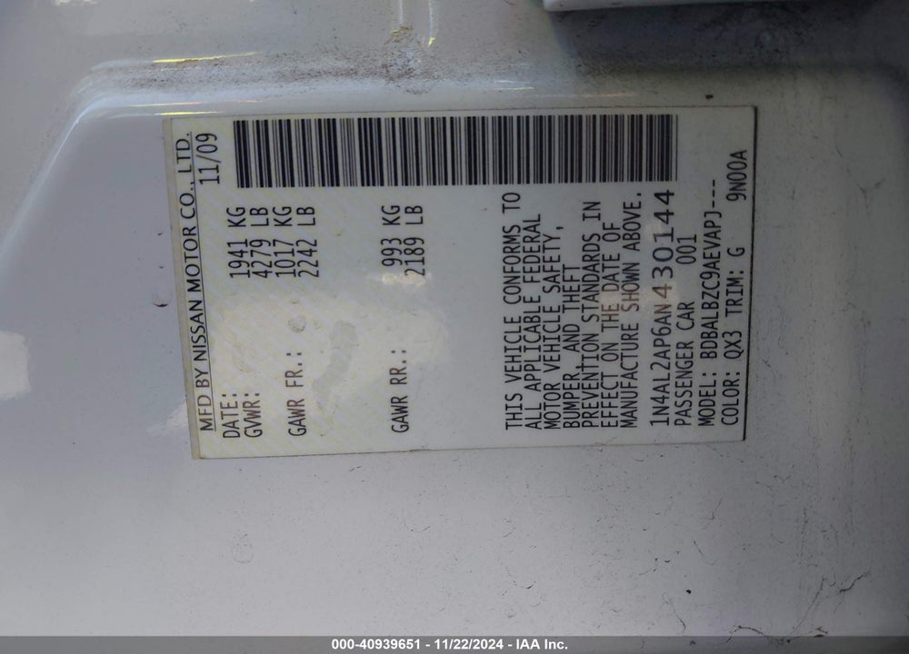 2010 NISSAN ALTIMA 2.5 S VIN: 1N4AL2AP6AN430144