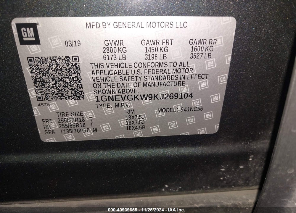 2019 CHEVROLET TRAVERSE 1LT VIN: 1GNEVGKW9KJ269104