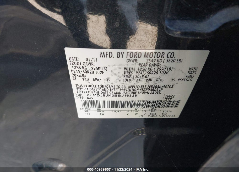 2011 LINCOLN MKX VIN: 2LMDJ8JK0BBJ16328