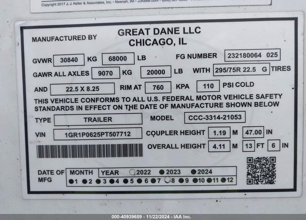 2023 GREAT DANE TRAILERS SEMI TRAILER VIN: 1GR1P0625PT507712