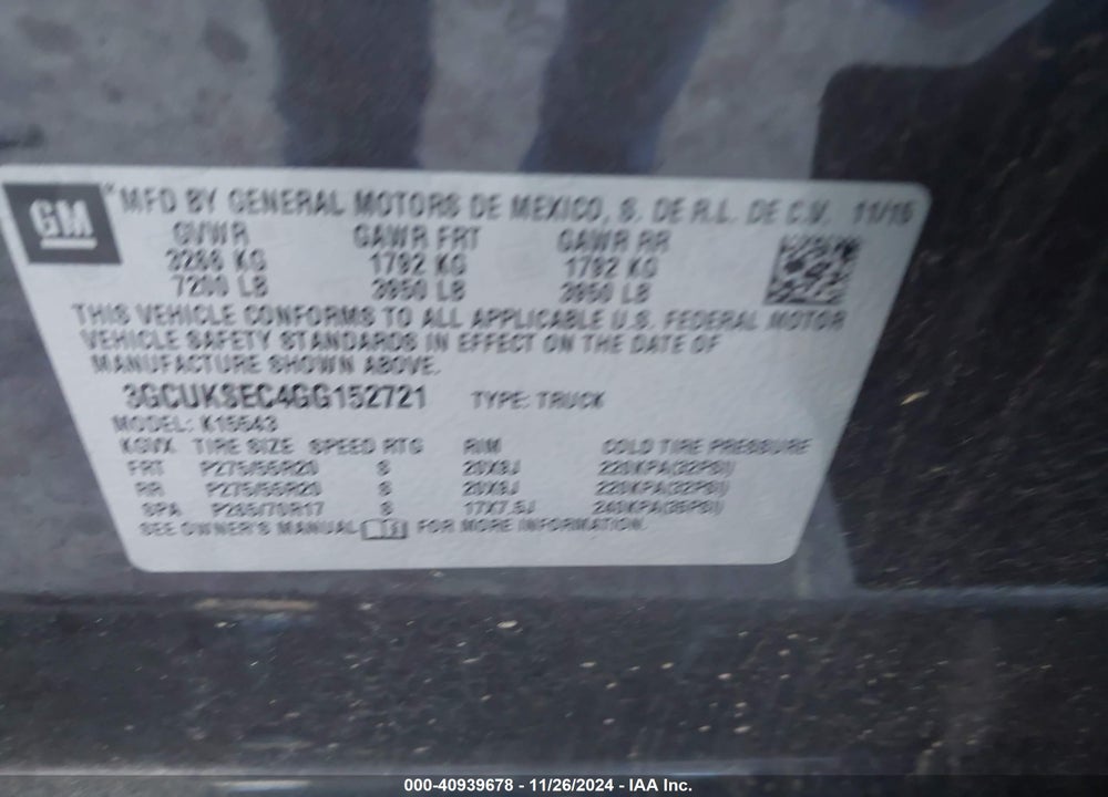 2016 CHEVROLET SILVERADO 1500 VIN: 3GCUKSEC4GG152721