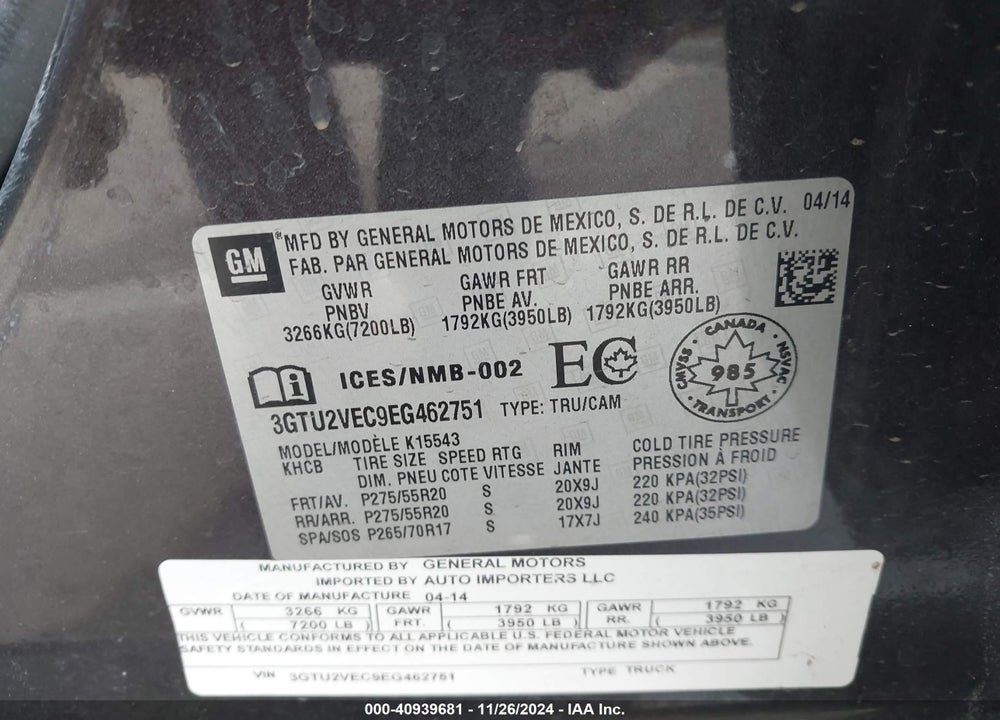2014 GMC SIERRA 1500 SLT VIN: 3GTU2VEC9EG462751