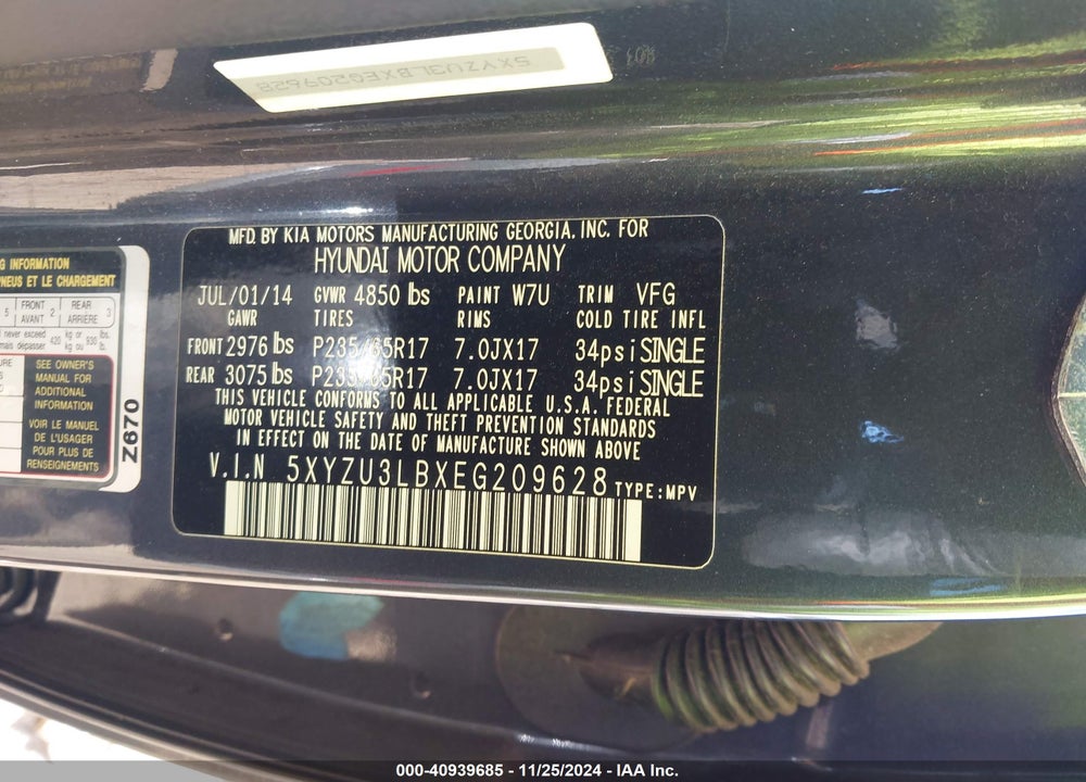 2014 HYUNDAI SANTA FE SPORT 2.4L VIN: 5XYZU3LBXEG209628