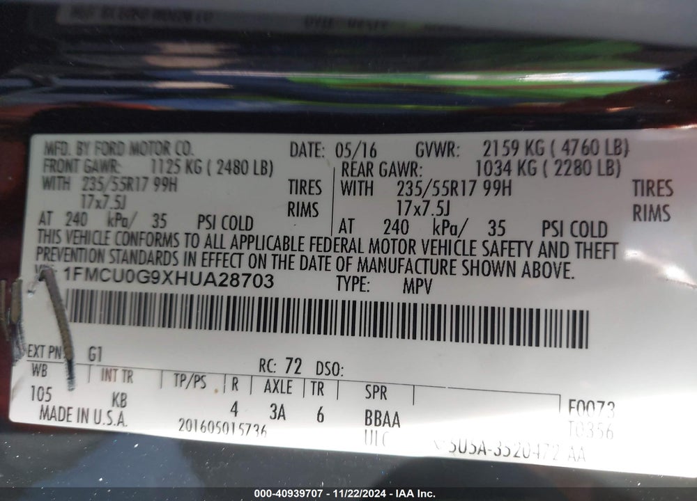 2017 FORD ESCAPE SE VIN: 1FMCU0G9XHUA28703