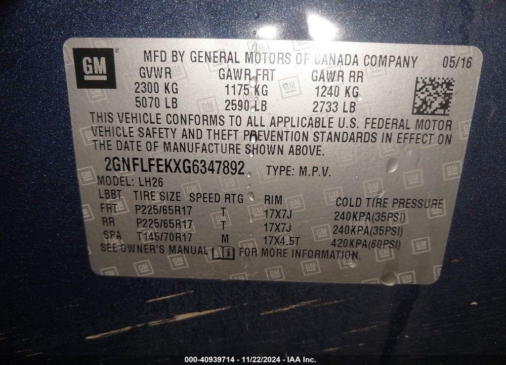 2016 CHEVROLET EQUINOX LT VIN: 2GNFLFEKXG6347892