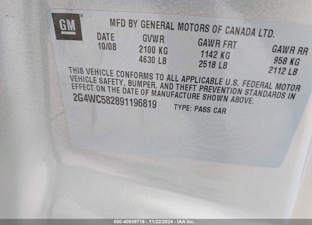 2009 BUICK LACROSSE CX VIN: 2G4WC582891196819
