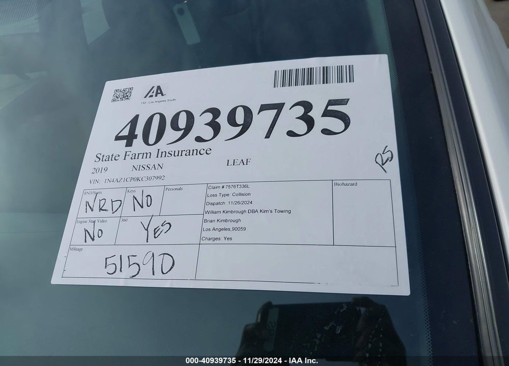 2019 NISSAN LEAF S VIN: 1N4AZ1CP0KC307992