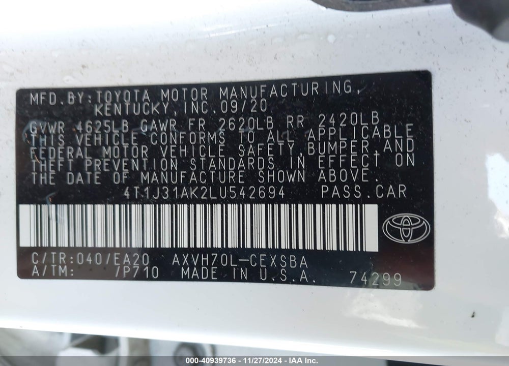 2020 TOYOTA CAMRY VIN: 4T1J31AK2LU542694