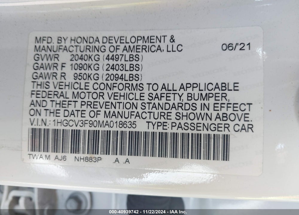 2021 HONDA ACCORD VIN: 1HGCV3F90MA018635