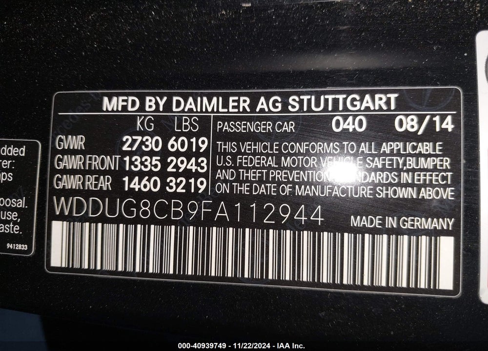 2015 MERCEDES-BENZ S 550 VIN: WDDUG8CB9FA112944