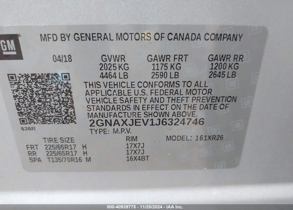 2018 CHEVROLET EQUINOX LT VIN: 2GNAXJEV1J6324746