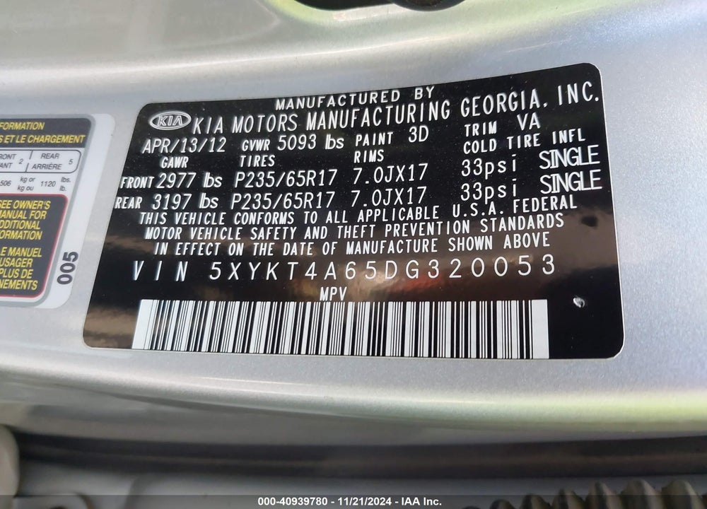 2013 KIA SORENTO LX VIN: 5XYKT4A65DG320053