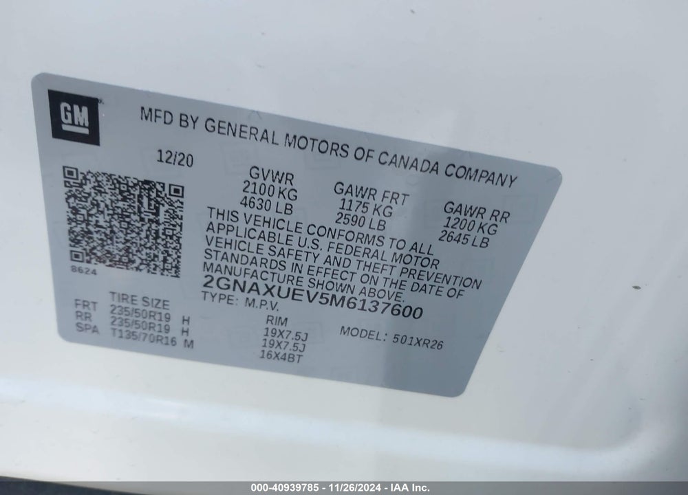 2021 CHEVROLET EQUINOX AWD LT VIN: 2GNAXUEV5M6137600