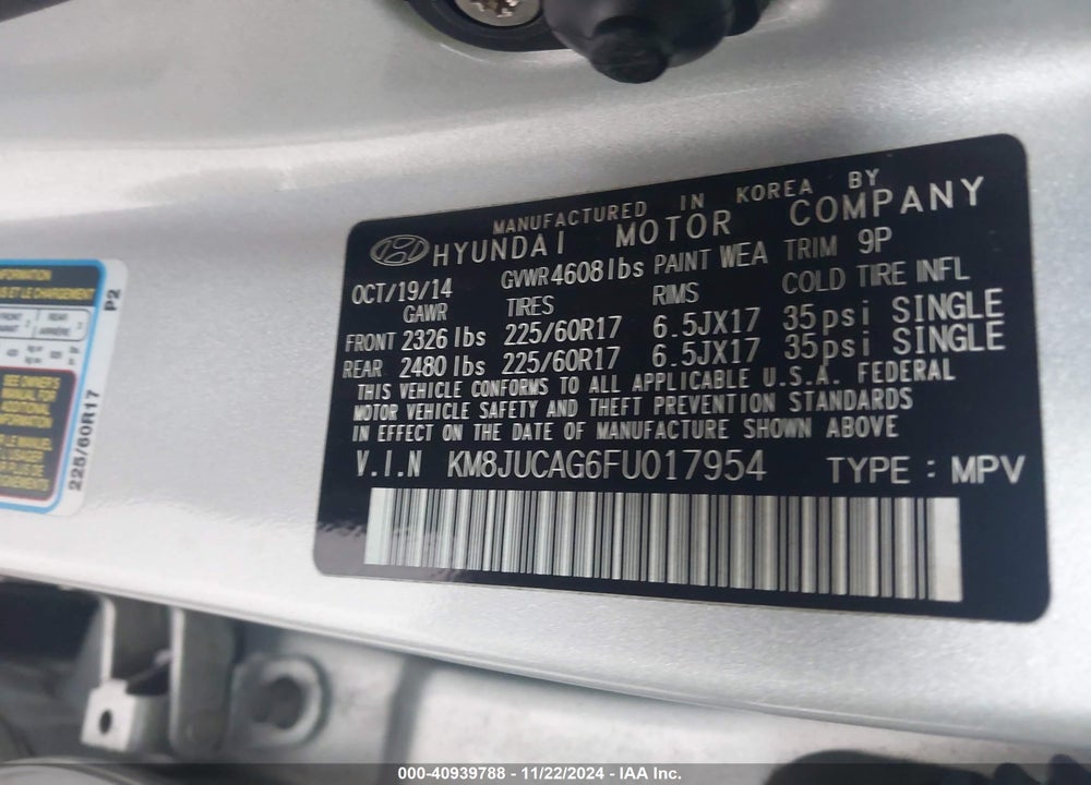 2015 HYUNDAI TUCSON SE VIN: KM8JUCAG6FU017954