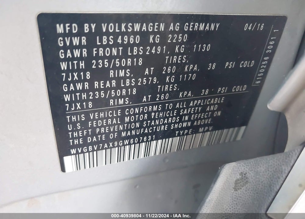 2016 VOLKSWAGEN TIGUAN SE VIN: WVGBV7AX9GW607631