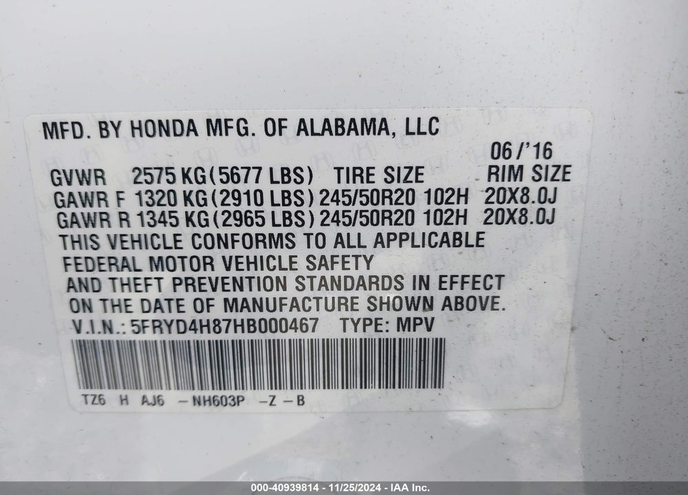 2017 ACURA MDX ADVANCE PACKAGE VIN: 5FRYD4H87HB000467