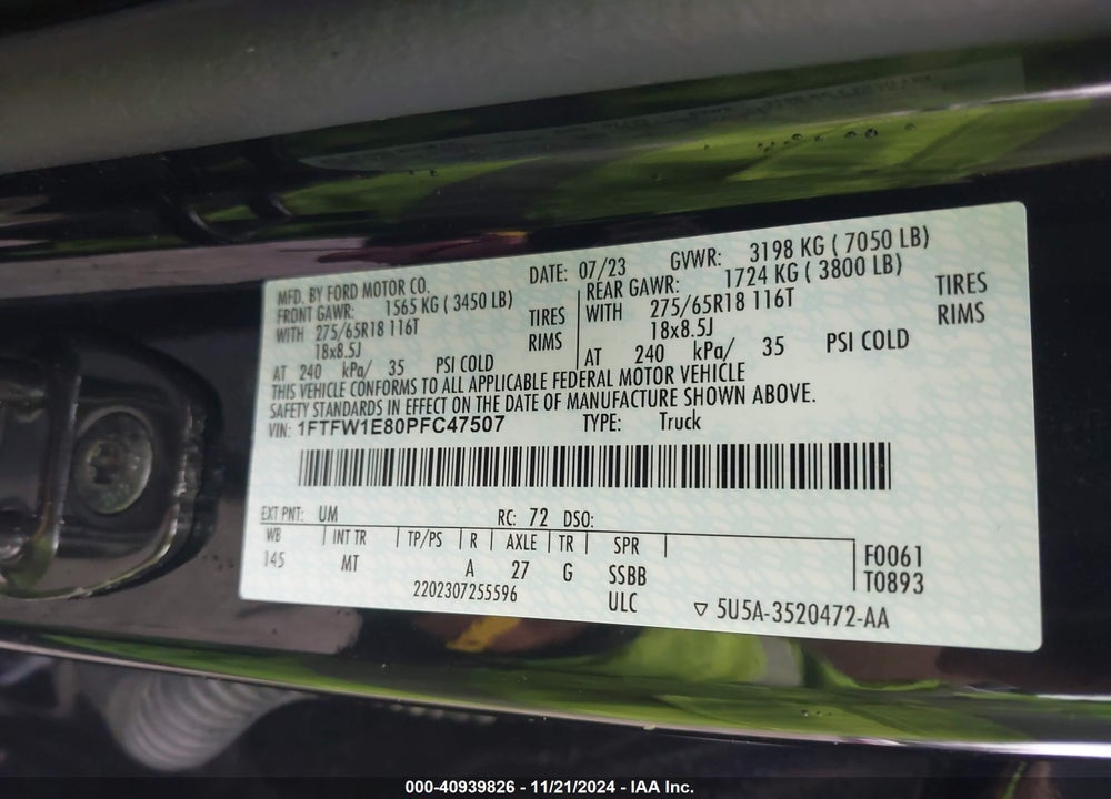 2023 FORD F-150 XLT VIN: 1FTFW1E80PFC47507