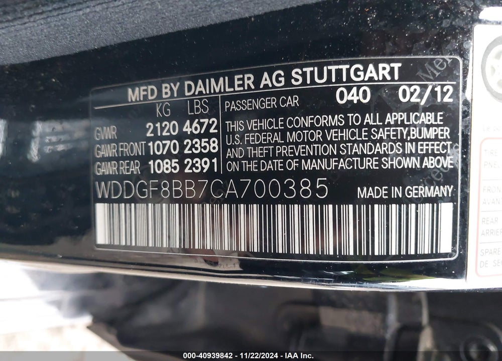 2012 MERCEDES-BENZ C 300 LUXURY 4MATIC/SPORT 4MATIC VIN: WDDGF8BB7CA700385