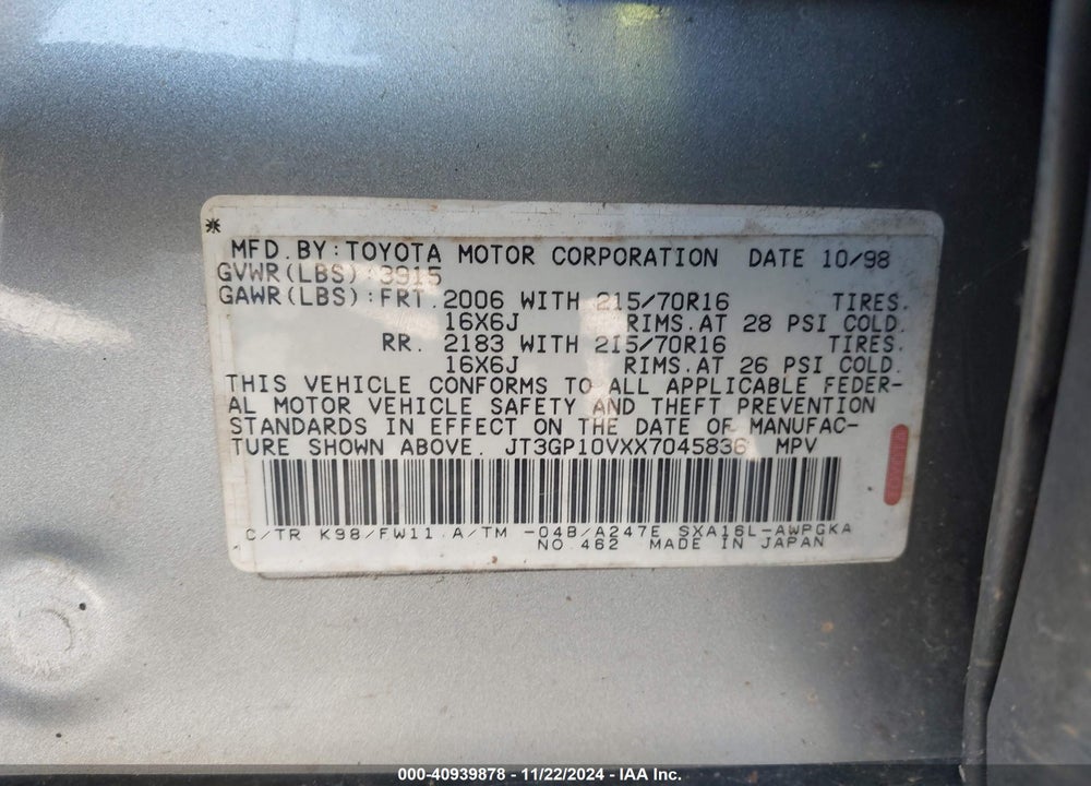 1999 TOYOTA RAV4 VIN: JT3GP10VXX7045836