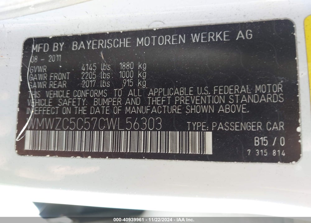 2012 MINI COOPER S COUNTRYMAN VIN: WMWZC5C57CWL56303