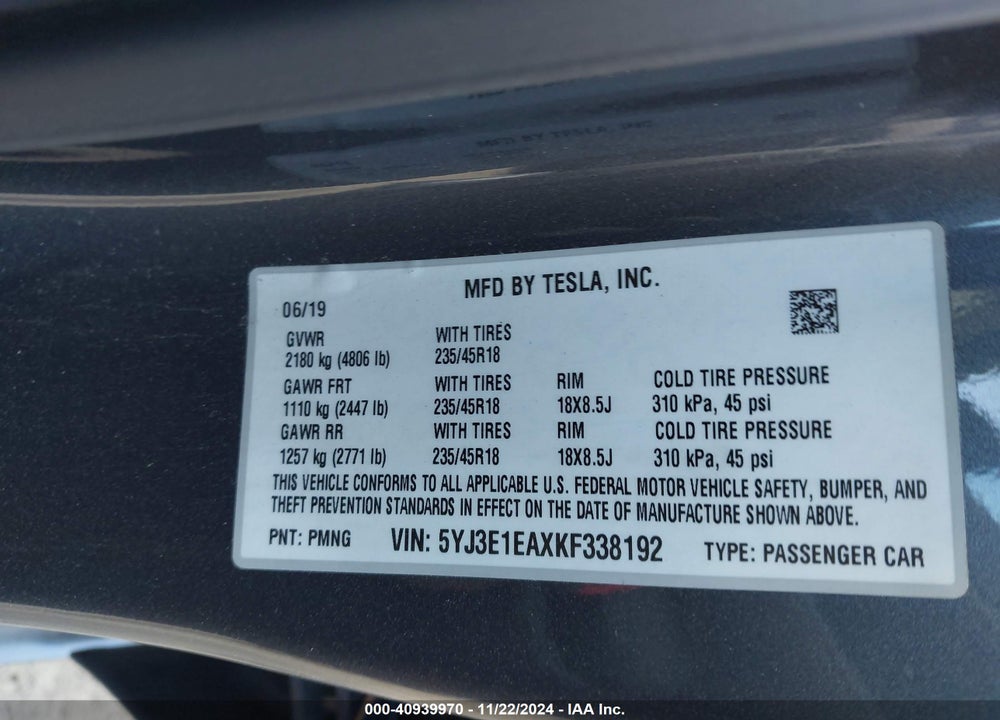 2019 TESLA MODEL 3 LONG RANGE/MID RANGE/STANDARD RANGE/STANDARD RANGE PLUS VIN: 5YJ3E1EAXKF338192