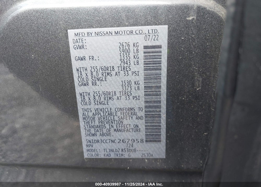 2022 NISSAN PATHFINDER SL 4WD VIN: 5N1DR3CC7NC267958