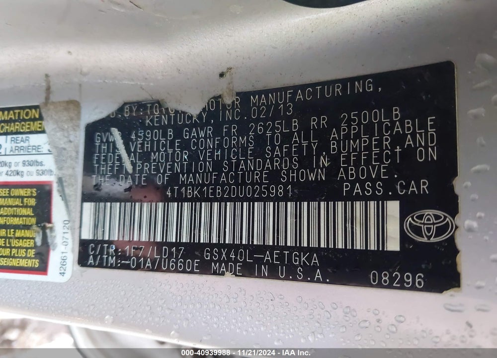 2013 TOYOTA AVALON XLE VIN: 4T1BK1EB2DU025981
