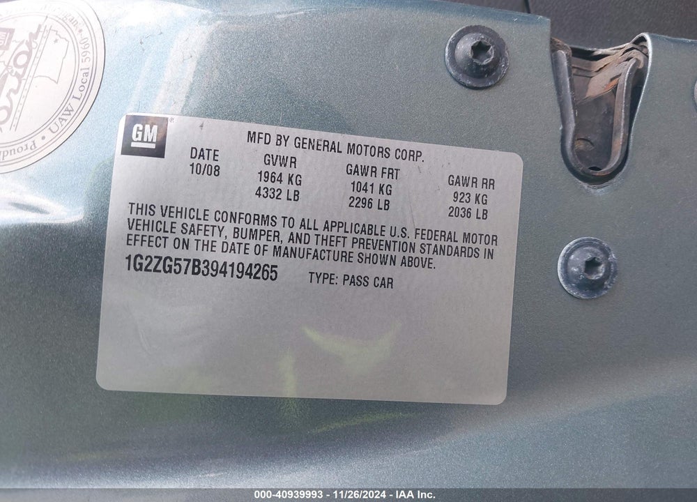 2009 PONTIAC G6 VIN: 1G2ZG57B394194265