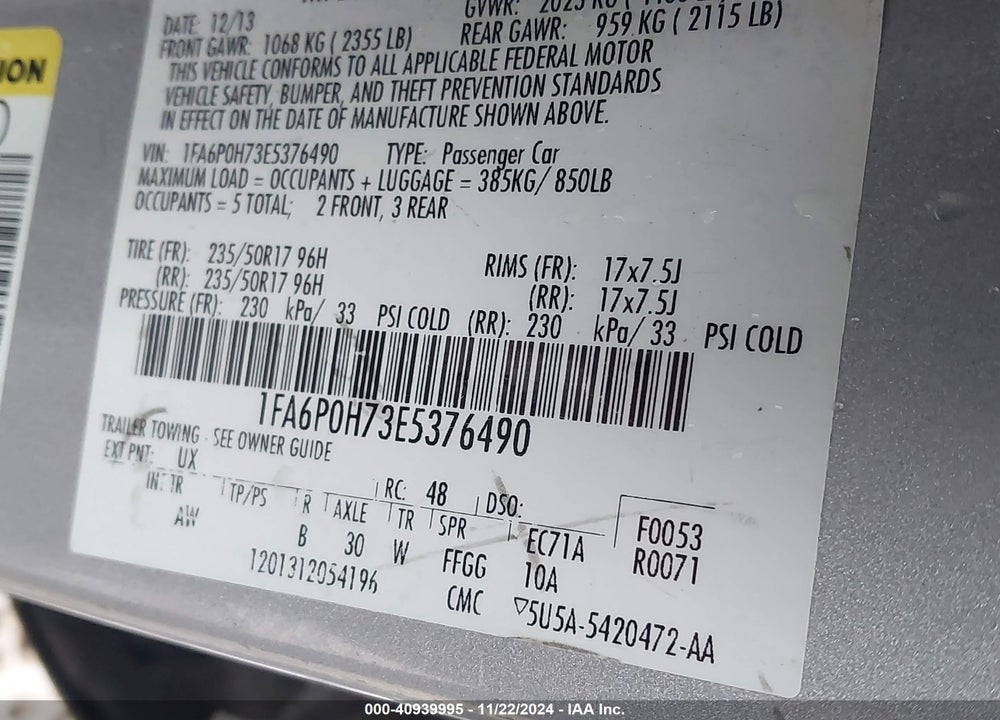 2014 FORD FUSION SE VIN: 1FA6P0H73E5376490