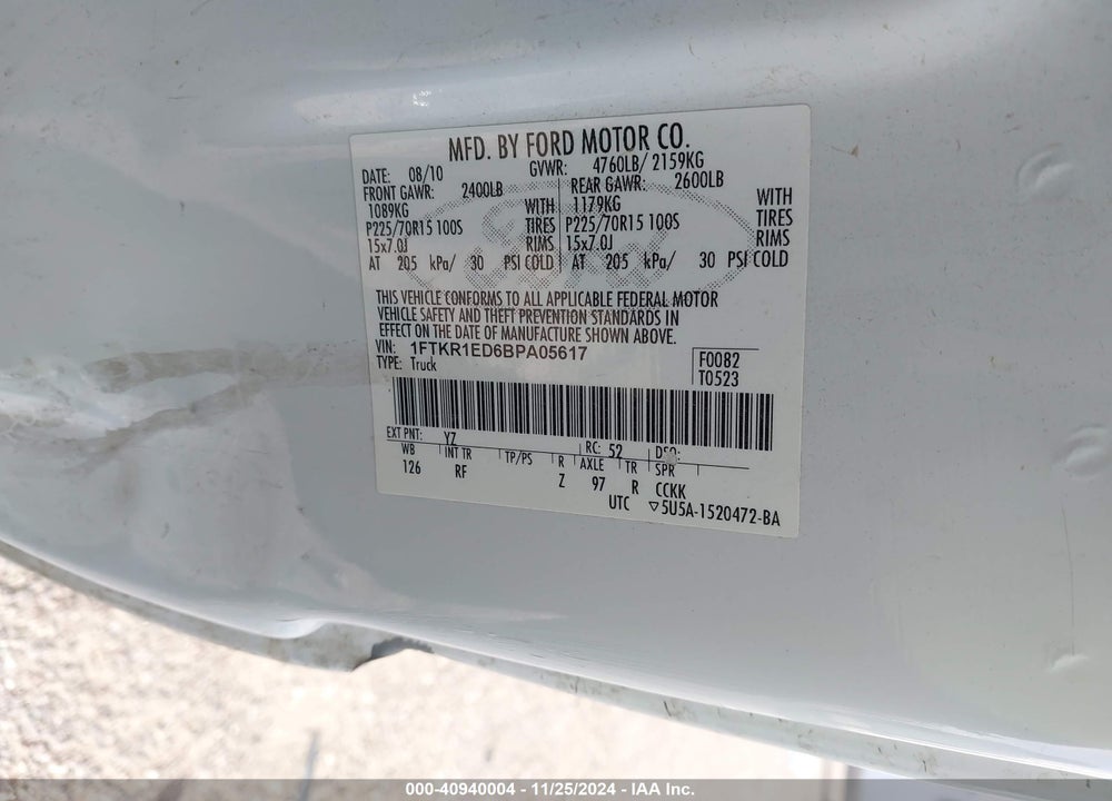 2011 FORD RANGER XLT VIN: 1FTKR1ED6BPA05617