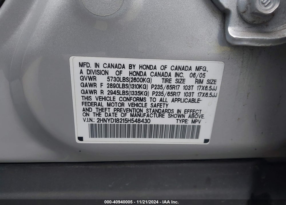 2005 ACURA MDX VIN: 2HNYD18215H548430