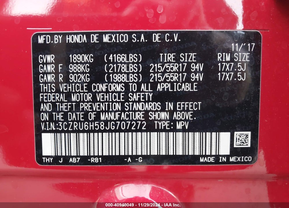 2018 HONDA HR-V EX VIN: 3CZRU6H58JG707272