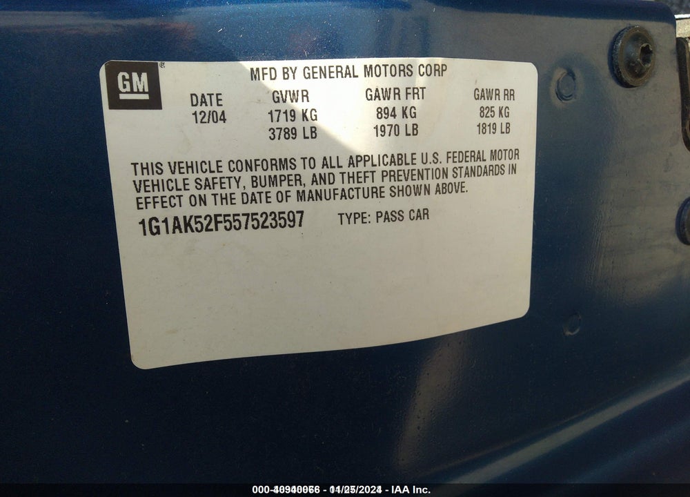 2005 CHEVROLET COBALT VIN: 1G1AK52F557523597