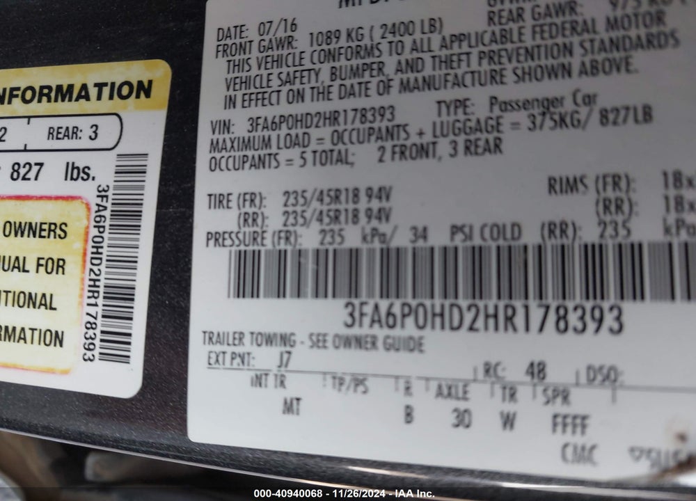 2017 FORD FUSION SE VIN: 3FA6P0HD2HR178393