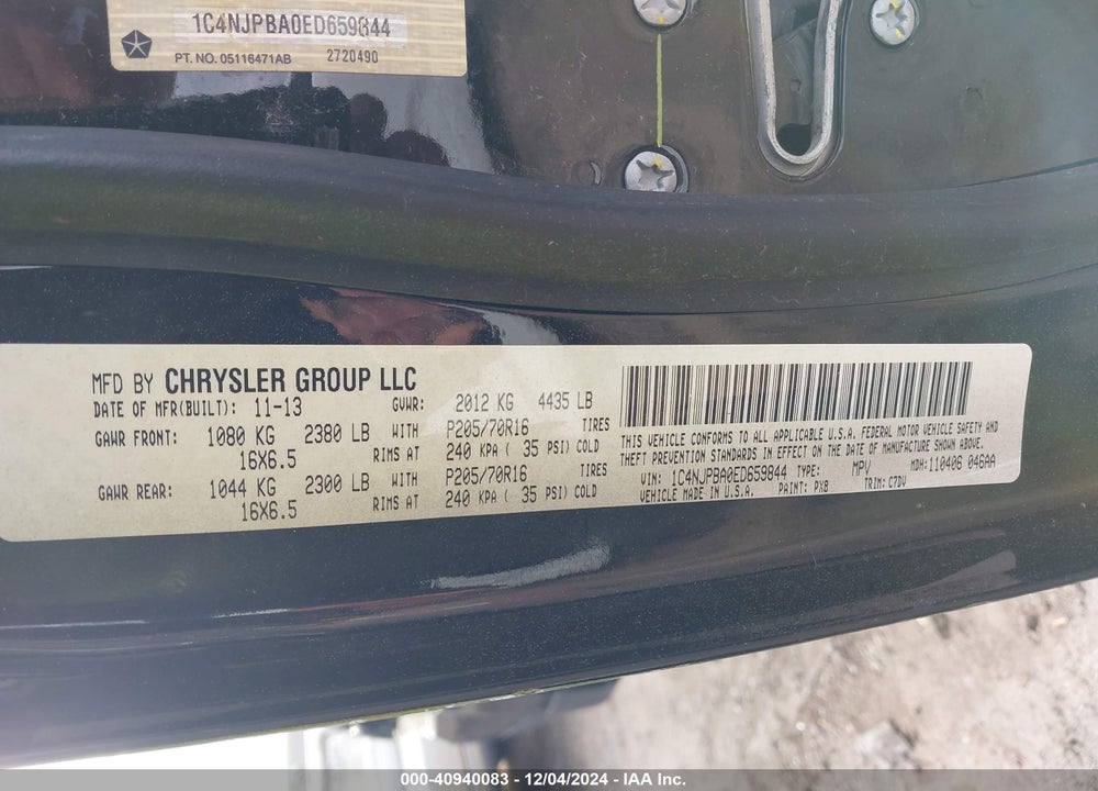 2014 JEEP PATRIOT SPORT VIN: 1C4NJPBA0ED659844