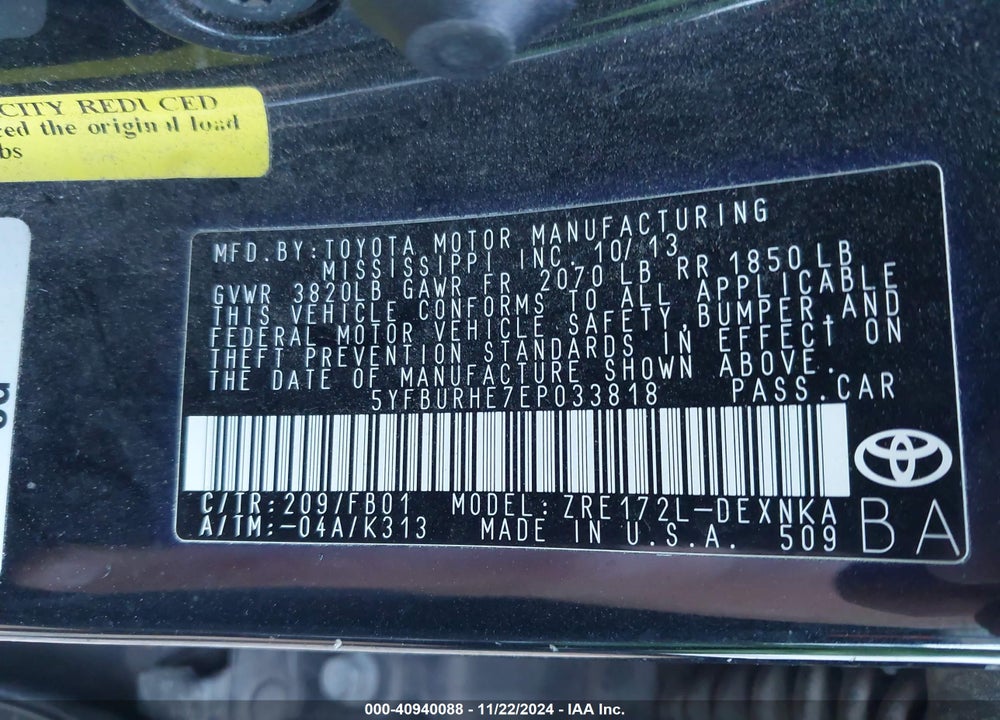 2014 TOYOTA COROLLA LE VIN: 5YFBURHE7EP033818