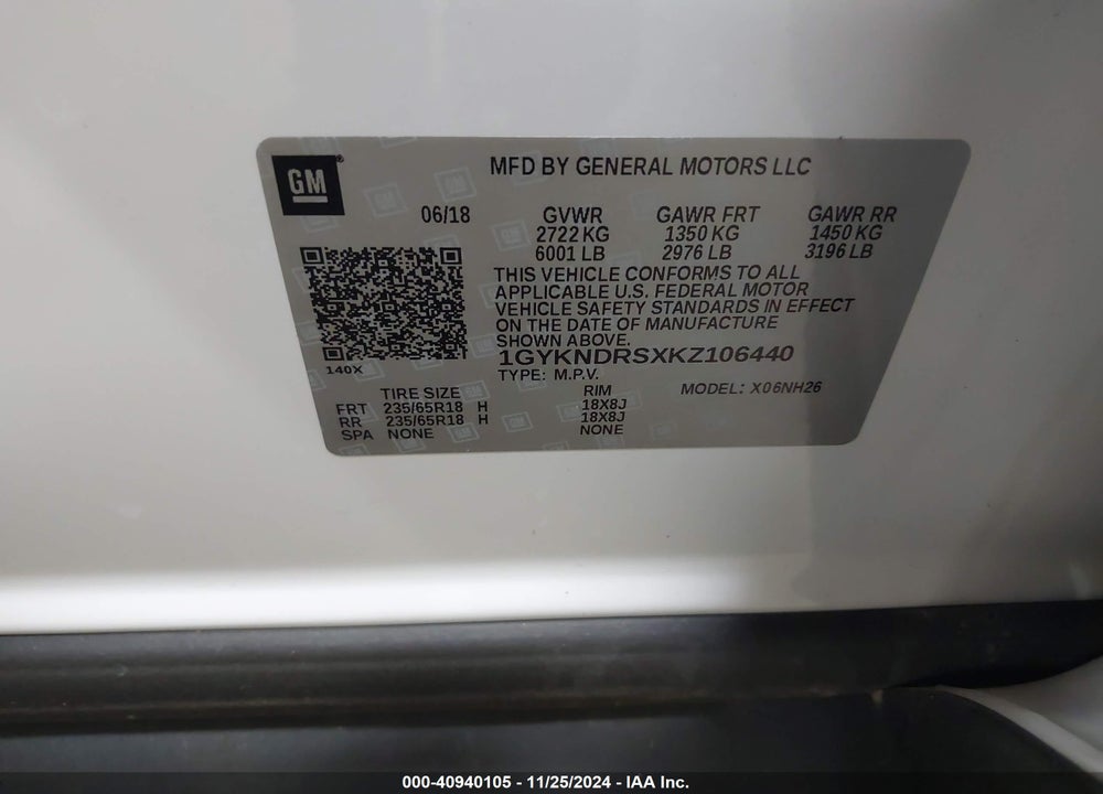 2019 CADILLAC XT5 LUXURY VIN: 1GYKNDRSXKZ106440